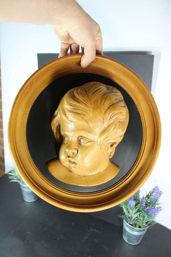 Vintage flemish wood carved medaillon putti cherub head wall panel signed