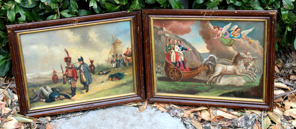 PAIR antique french oil canvas napoleon battle scene painting rare 19thc