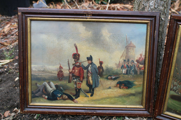 PAIR antique french oil canvas napoleon battle scene painting rare 19thc