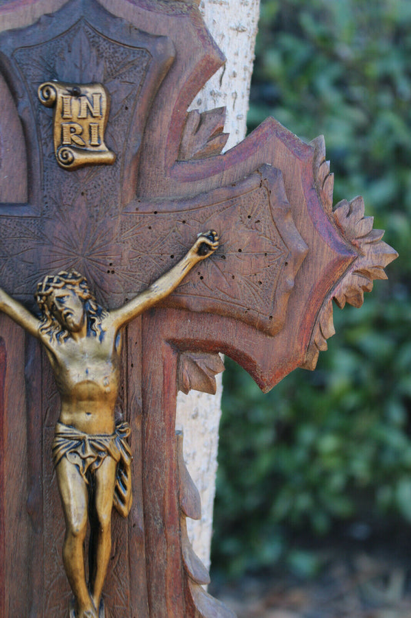 Antique German wood carved crucifix cross metal christ corpus religious