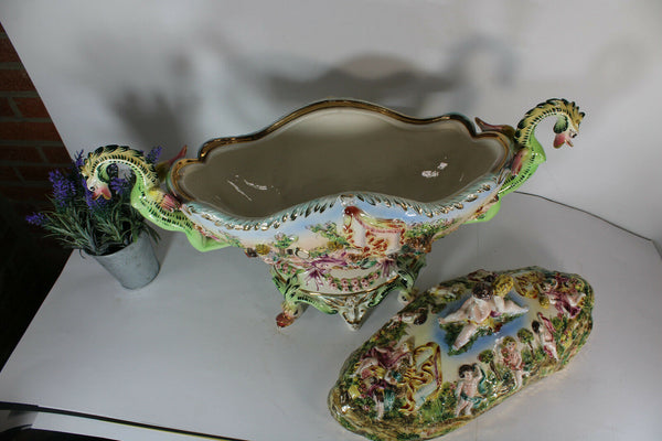 Majestical XXL italian Capodimonte porcelain dragon centerpiece bowl cherubs