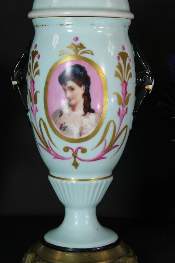 Antique French petrol oil lamp faience porcelain portrait lady