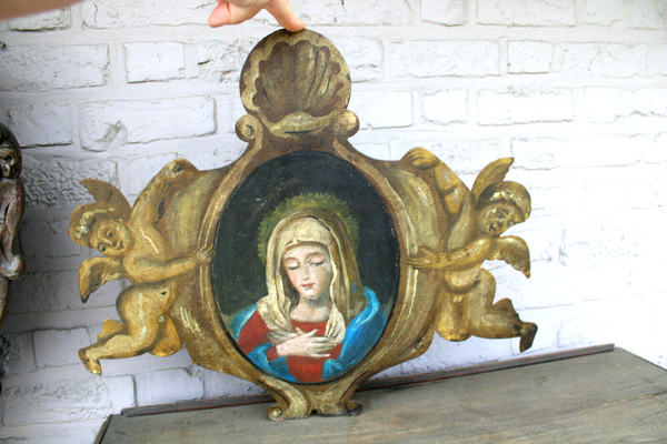 Antique italian oil painting iron plate virgin mary annunciaton wall panel angel