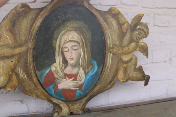 Antique italian oil painting iron plate virgin mary annunciaton wall panel angel