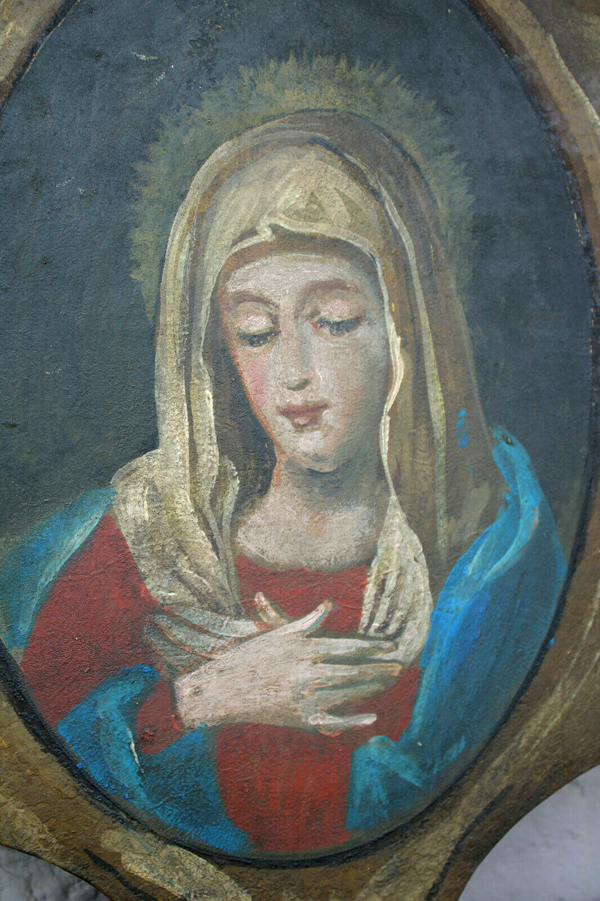 Antique italian oil painting iron plate virgin mary annunciaton wall panel angel