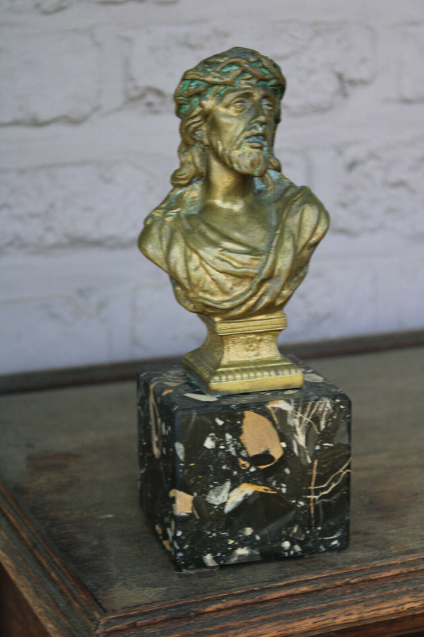 French Art deco bronze marble buste christ jesus religious