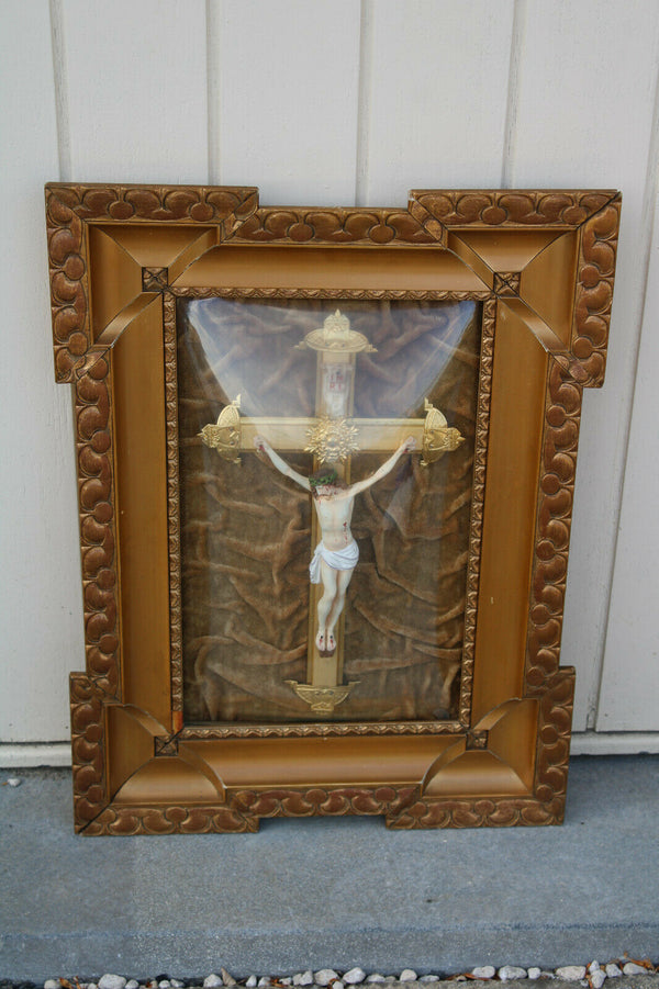 Antique French Religious Frame with chalk christ crucifix inside behind glass