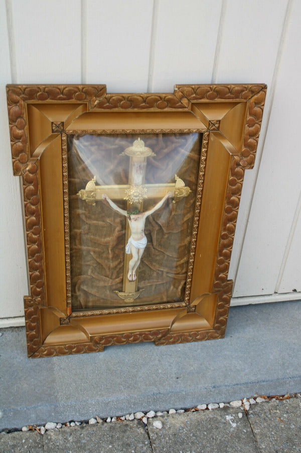 Antique French Religious Frame with chalk christ crucifix inside behind glass