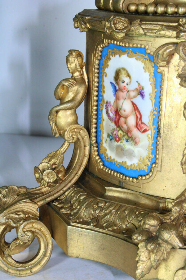 Antique 19th SEVRES porcelain putti angel brass mantel clock set candle holder