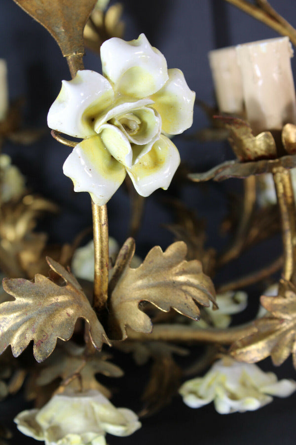 Vintage italian Metal golt gilt yellow porcelain roses Chandelier lamp