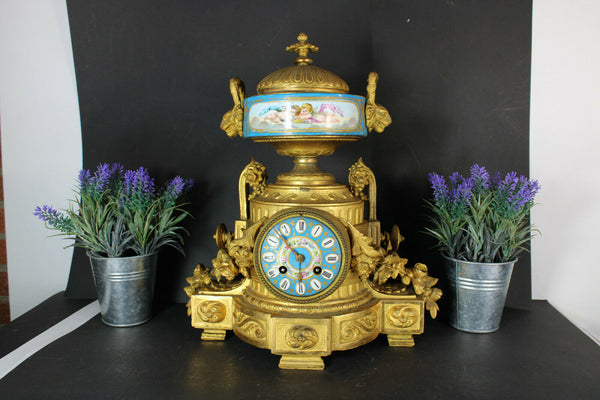 Antique 19thc SEVRES porcelain brass mantel clock putti cherub lion heads