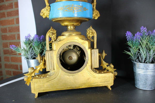 Antique 19thc SEVRES porcelain brass mantel clock putti cherub lion heads