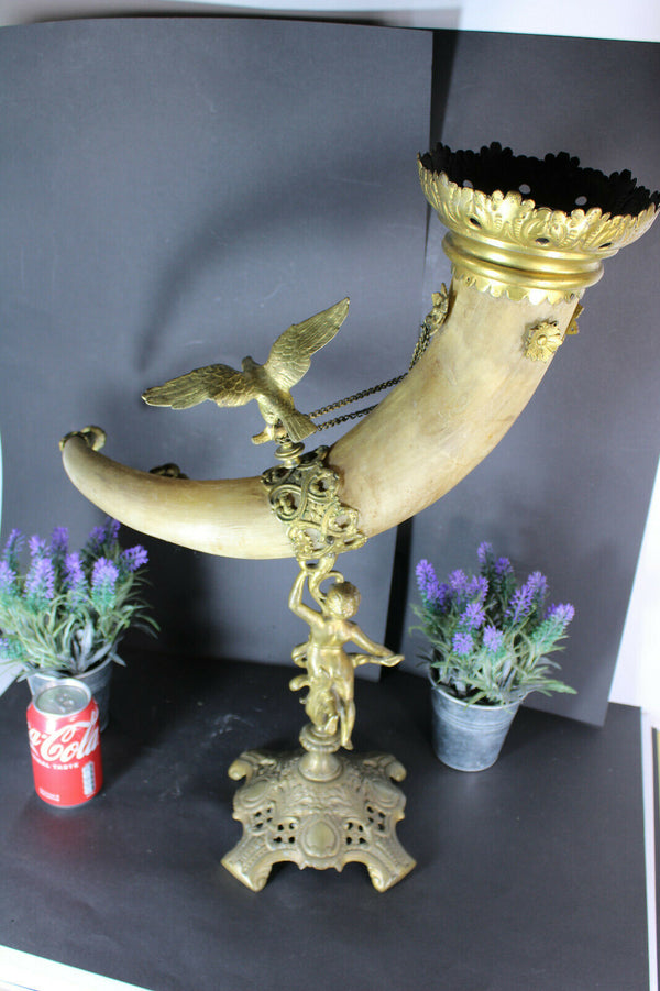 Antique XL 19thc Bronze Cornucopia horn ram eagle Statue putti cherub