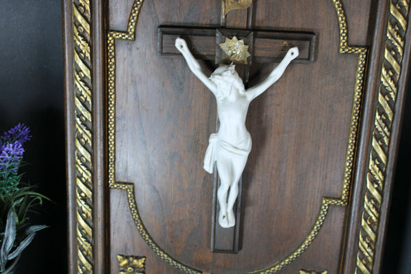 Antique French wood carved crucifix bisque porcelain corpus panel religious