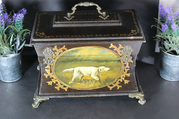 Antique French Wood carved dog painting napoleon III box