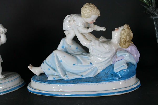 PAIR german bisque porcelain baby playing mom Figurine statues marked