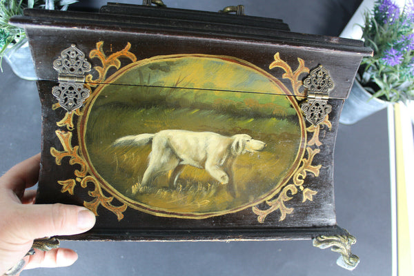 Antique French Wood carved dog painting napoleon III box