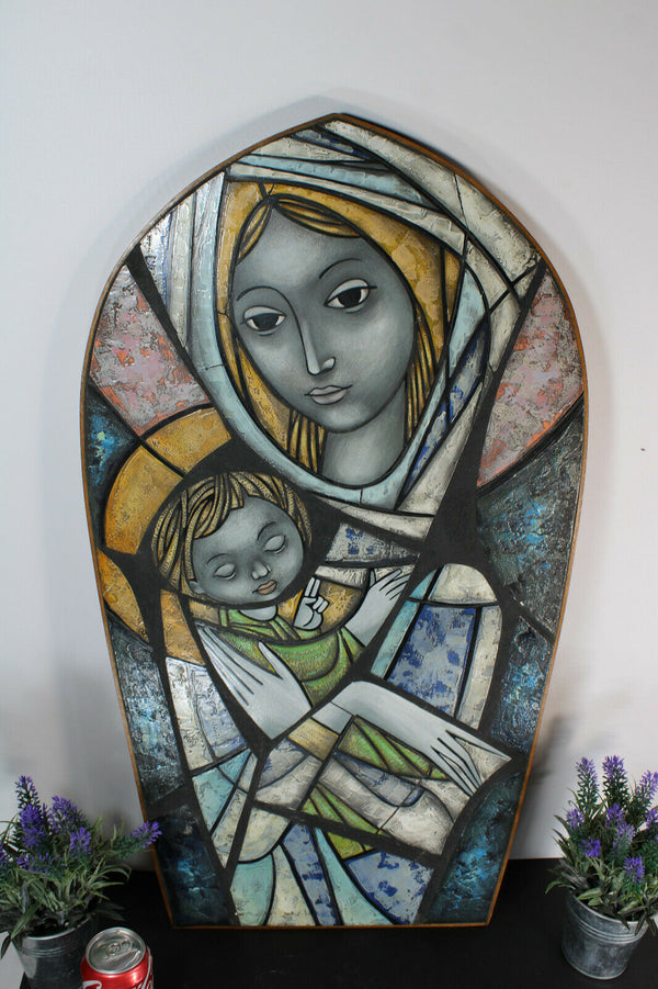 RARe XL 33"  French Wood religious panel paint madonna child 1970