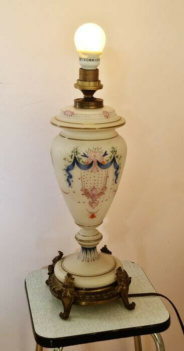 Antique French opaline glass Enamel hand paint Table lamp