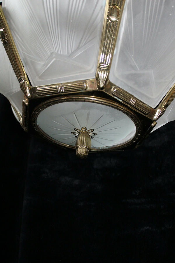 LARGE french art deco design french Glass disc shell chandelier 1960
