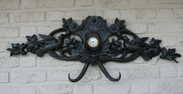 Antique black forest wood carved Wall panel with clock hat rack hunting theme