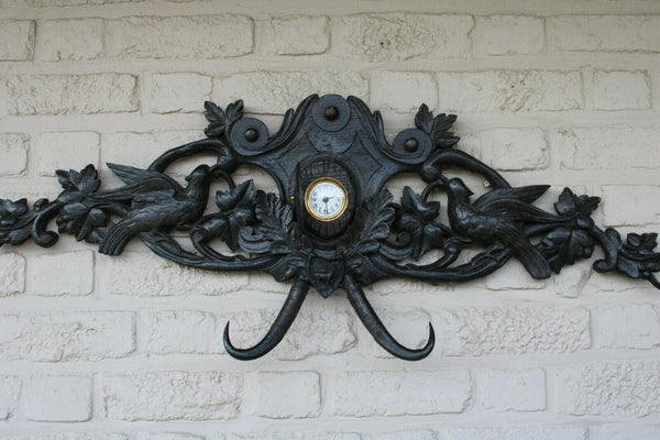 Antique black forest wood carved Wall panel with clock hat rack hunting theme