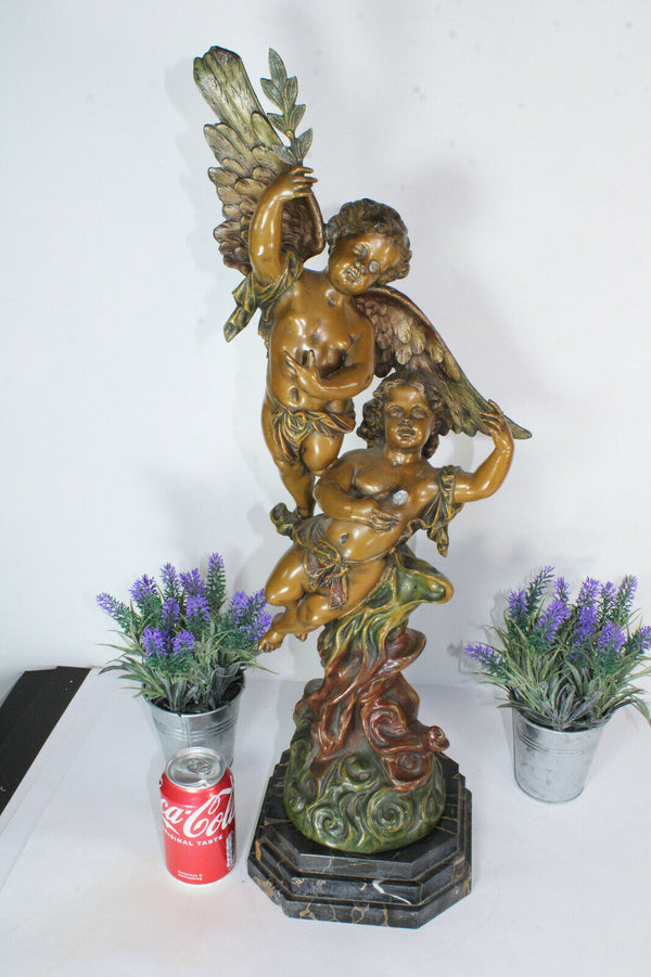 XL Antique Spelter bronze patina cherub putti statue marble base signed RUCHO