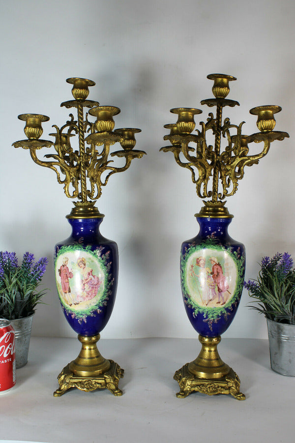 PAIR antique metal faience porcelain romantic scene candelabras candle holder