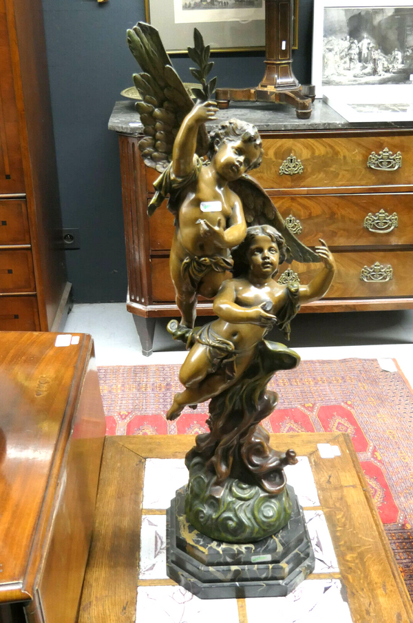 XL Antique Spelter bronze patina cherub putti statue marble base signed RUCHO