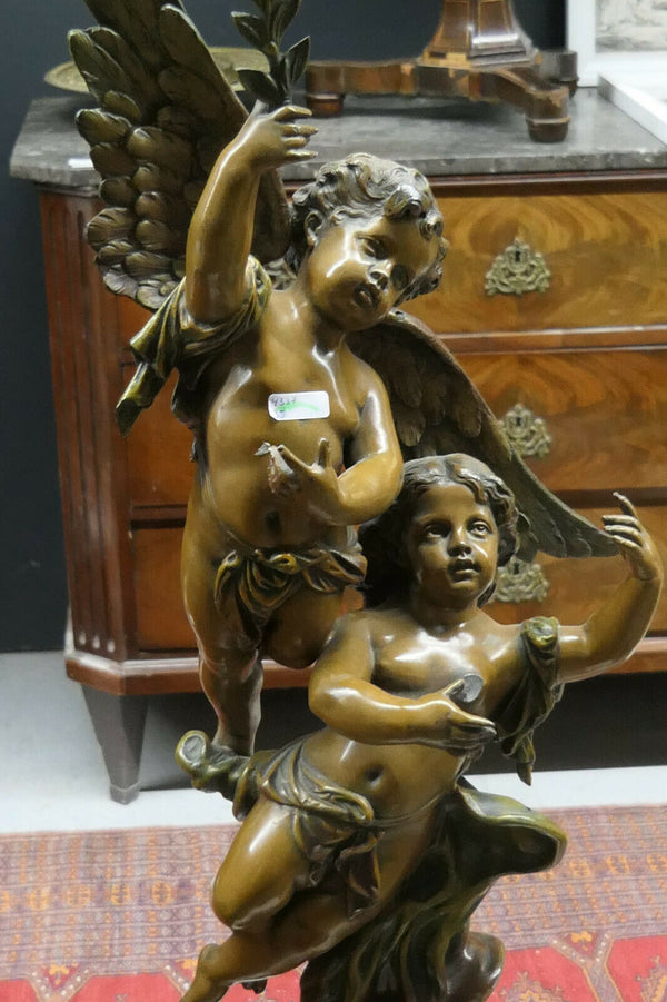 XL Antique Spelter bronze patina cherub putti statue marble base signed RUCHO