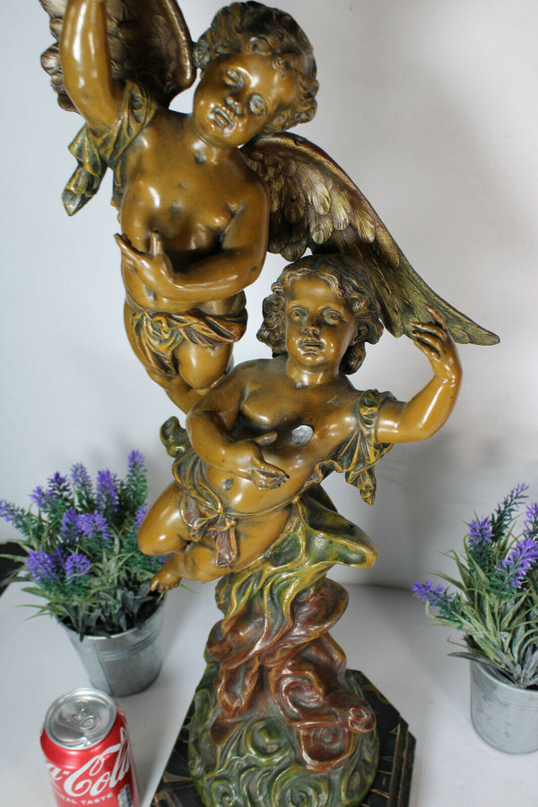 XL Antique Spelter bronze patina cherub putti statue marble base signed RUCHO