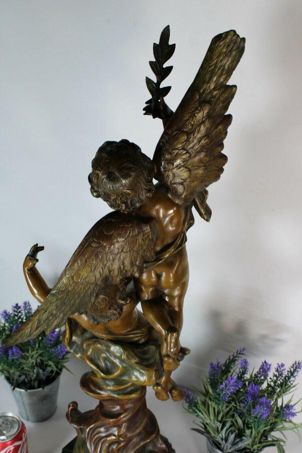 XL Antique Spelter bronze patina cherub putti statue marble base signed RUCHO