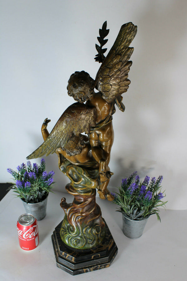 XL Antique Spelter bronze patina cherub putti statue marble base signed RUCHO