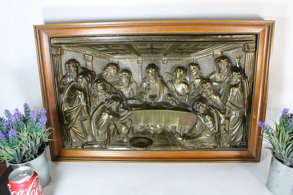 Vintage metal relief last supper religious Wall panel frame bible signed