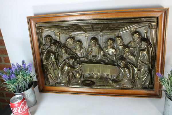 Vintage metal relief last supper religious Wall panel frame bible signed