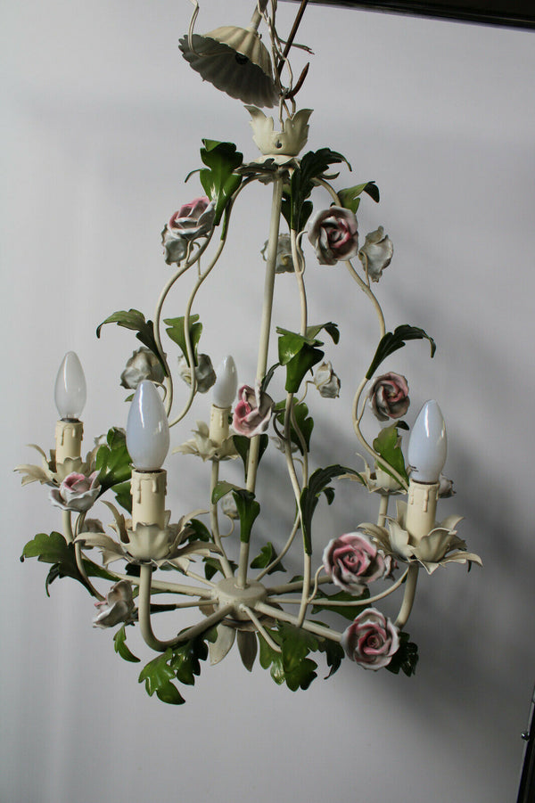 Vintage metal porcelain roses flower chandelier lamp 1970