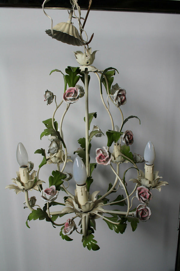 Vintage metal porcelain roses flower chandelier lamp 1970