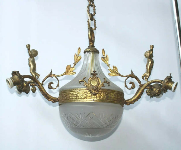 Antique Bronze Crystal glass bowl putti cherub angels chandelier lamp