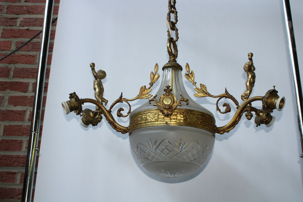 Antique Bronze Crystal glass bowl putti cherub angels chandelier lamp