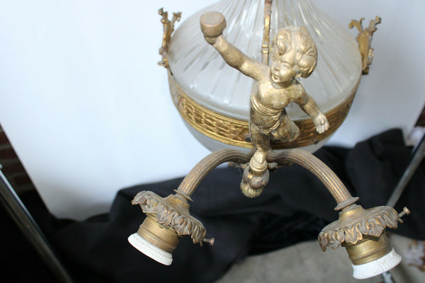 Antique Bronze Crystal glass bowl putti cherub angels chandelier lamp