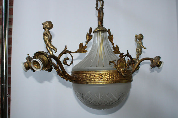 Antique Bronze Crystal glass bowl putti cherub angels chandelier lamp