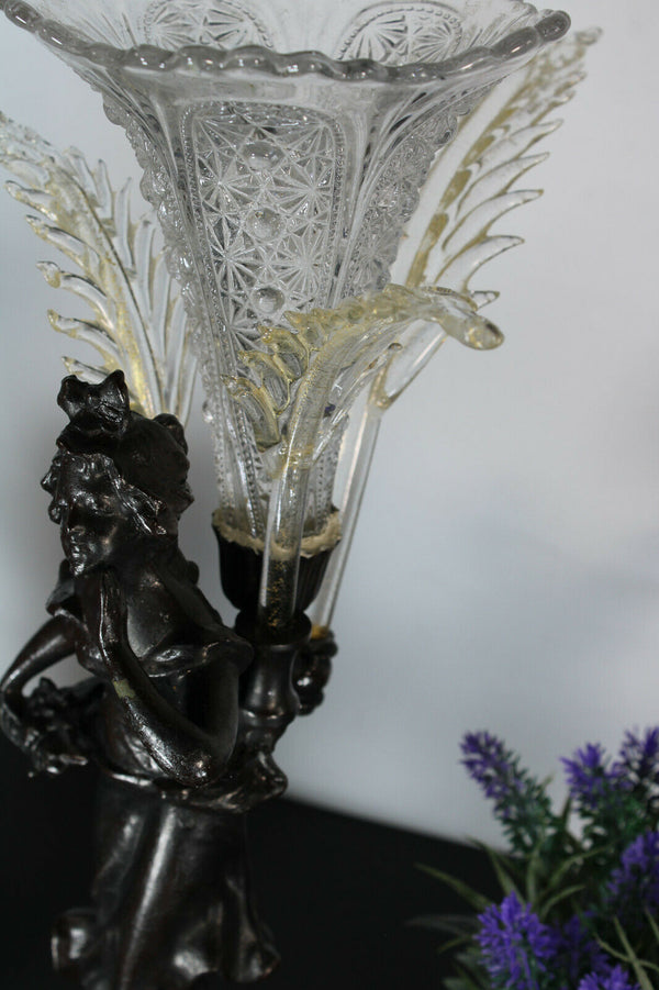 Antique Zamac metal figurine lady Statue glass murano leaf centerpiece rare