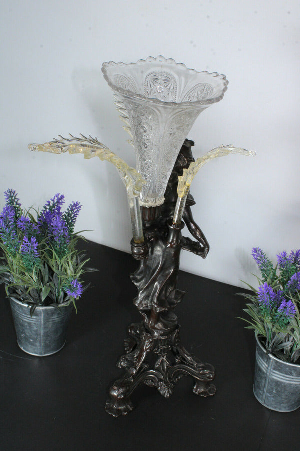 Antique Zamac metal figurine lady Statue glass murano leaf centerpiece rare