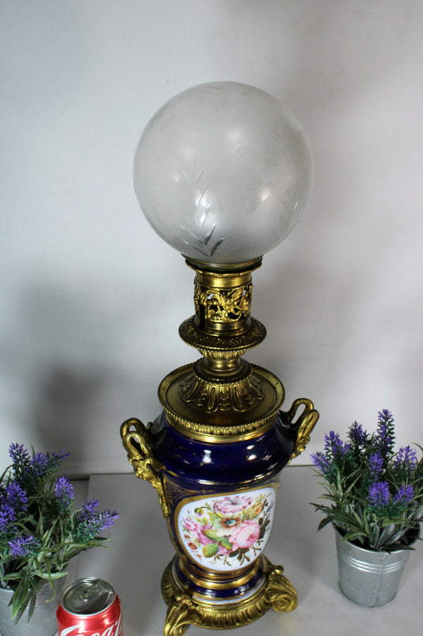 Antique French bayeux porcelain hand paint floral decor ram heads lamp