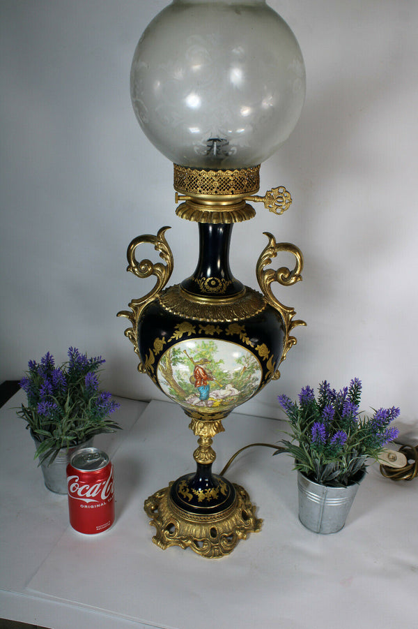 large Vintage Limoges cobalt blue porcelain TAble lamp glass bowl
