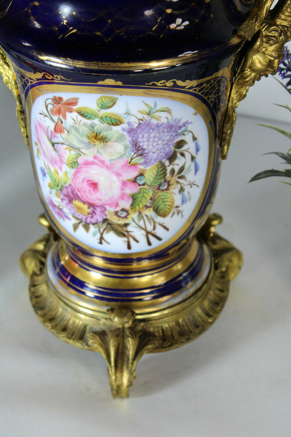 Antique French bayeux porcelain hand paint floral decor ram heads lamp