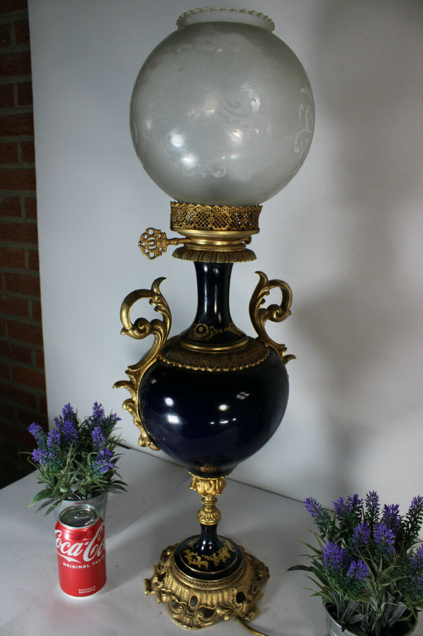 large Vintage Limoges cobalt blue porcelain TAble lamp glass bowl