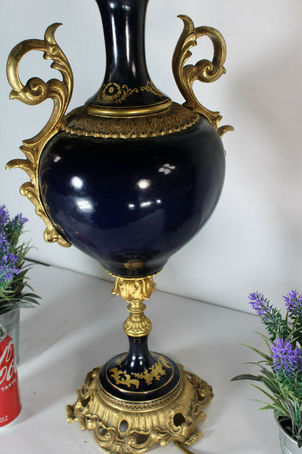 large Vintage Limoges cobalt blue porcelain TAble lamp glass bowl