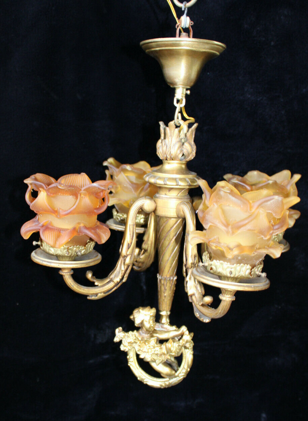 Bronze French putti cherub angel 4 amber glass Chandelier pendant lamp