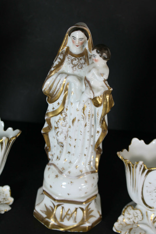 Antique vieux paris 19thc porcelain set madonna mary vases set